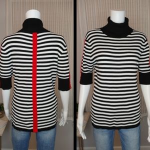 MARINA V PARIS STRIPED TURTLENECK SWEATER,BLACK/WHITE/RED T4 (Fits like M)